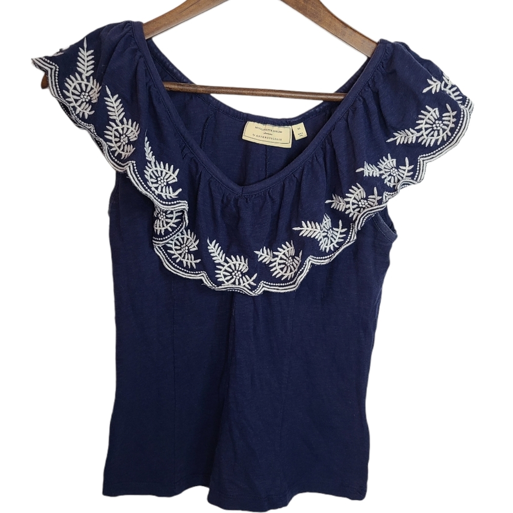 Anthropologie Navy Blue Tank Top with White Embroidery